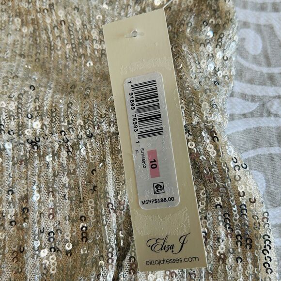 Eliza J Dress Women 10 Cream Gold Sequin Lined Cocktail Party Boho Sparkly NWT - Picture 4 of 16